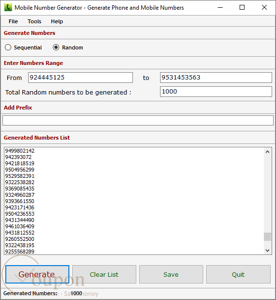 Mobile Numbers Generator Screenshot