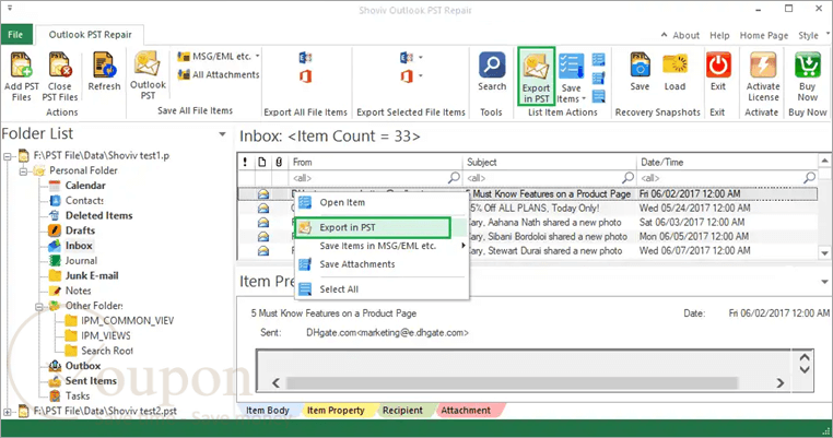 Shoviv Outlook Pst Repair Screenshot